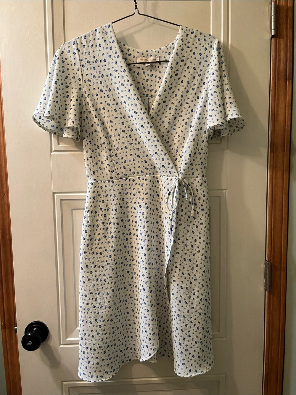 Monteau Cream Midi Wrap Dress with Blue Floral Print